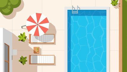 Sunny Poolside Retreat with Umbrella and Lounge Chairs by a Quiet Outdoor Oasis.