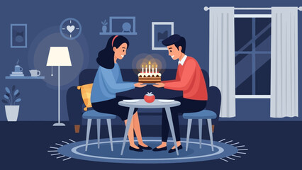 Cozy indoor birthday celebration with a couple sharing cake at home during a warm evening.