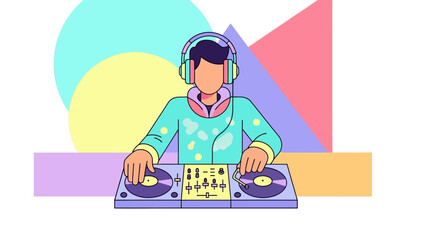 Vibrant DJ Performing Live Set with Turntables and Headphones in Colorful Studio.