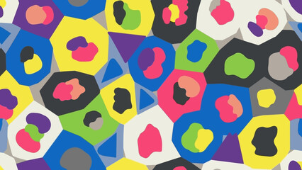 Vibrant abstract mosaic of colorful hexagonal shapes and bold patterns.