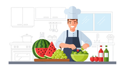 Professional chef preparing fresh fruit and vegetables in a bright modern kitchen.