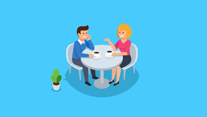 Three people sharing a casual meal around a round table in a bright blue setting.