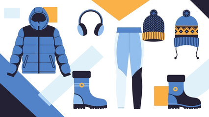 Winter Clothing Icon Set Featuring Jacket Parka Coat Boots and Accessories.