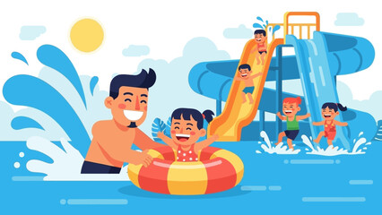 Cheerful Family Enjoying a Sunny Day at the Water Park.