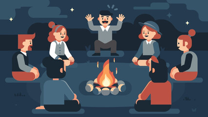 Group of friends gathered around a campfire at night, sharing stories and warmth in a cozy outdoor setting.