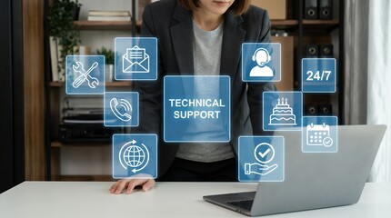 A person stands behind a desk with a laptop and virtual icons representing technical support communication and services including a wrench envelope phone globe cake headset 24 7 availability a
