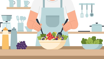 Person in apron preparing fresh salad with colorful vegetables on kitchen counter.