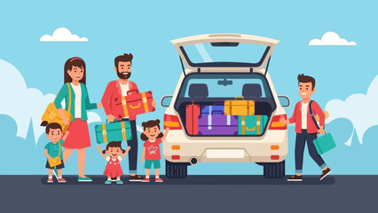 Family on a road trip preparing luggage near the car trunk before a sunny outdoor journey.