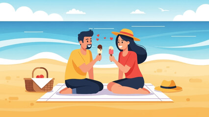 Two friends enjoy a sunny beach picnic on a colorful blanket by the sea.