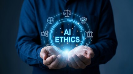 Digital holographic circle displaying 'AI Ethics' with icons representing global connection gears a secure shield a courthouse and a judge's gavel artificial intelligence technology