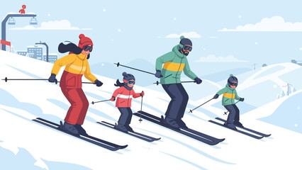 Family and friends enjoying group skiing on snowy mountain slope during a bright winter day on a sunny alpine landscape.