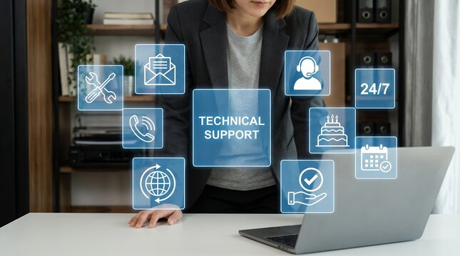 A person stands behind a desk with a laptop and virtual icons representing technical support communication and services including a wrench envelope phone globe cake headset 24 7 availability a - Powered by Adobe