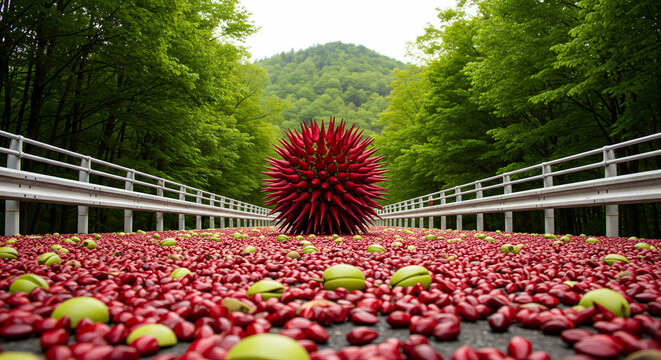 A spiky red sculpture on a tree-lined road, surrounded by scattered green and red objects.