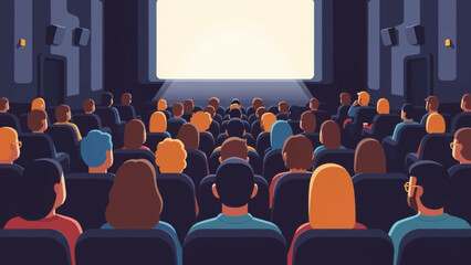 Diverse audience seated in a dark cinema watching a bright screen during a presentation.
