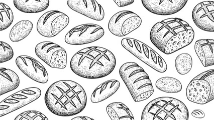 Artisan Sourdough Bread Illustration Pattern Background Vector: Hand Drawn Drawing Style Vintage Rustic Round Boules, Baguettes and Loaves for Bakery Packaging Design
