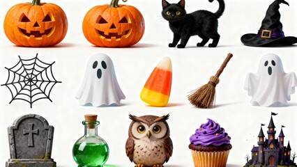 Collection of Halloween-themed objects including pumpkins, ghosts, a witch's hat, and a haunted castle