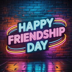 Vibrant neon sign celebrating Happy Friendship Day on brick wall