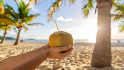 Close-up of Hands Holding a Fresh Coconut with a Straw on a Sunny Tropical Beach.Summer Vacation Concept.