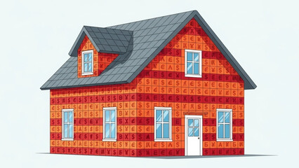 Fototapeta premium A vibrant orange and red house with a gray roof and white trim standing alone on a plain white background with a unique pattern of small squares with home