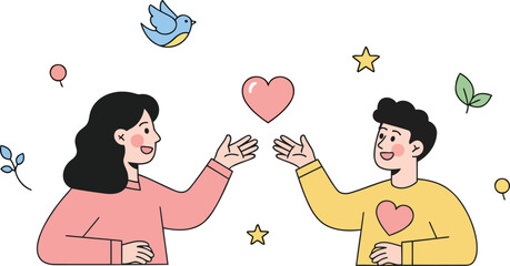 A cartoon illustration of a man and woman sharing a heart on transparent background