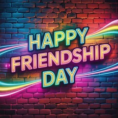 Vibrant Happy Friendship Day neon sign on colorful brick wall background