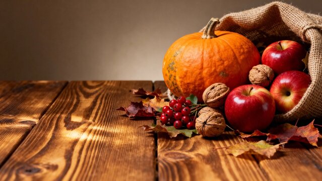 Autumn harvest still life with pumpkin, apples, nuts, and leaves on wooden table