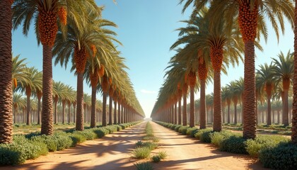Rows of ripe date palm trees stretch into distance. Orange fruit bunches hang from green fronds. Arid land with dry soil shows sparse desert grass. Clear blue sky overhead.