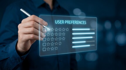 A person's hand holds a stylus interacting with a holographic screen displaying USER PREFERENCES with star ratings and progress bars against a dark blurred background holographic interface