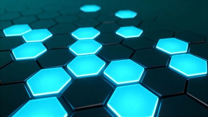 Illuminated hexagonal grid pattern with glowing blue tiles on a dark surface