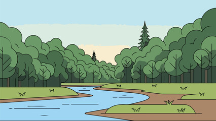 A vibrant illustrated natural landscape featuring a serene winding river gracefully flowing through a dense, lush green forest under a soft, clear