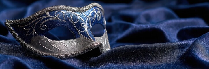 Ornate blue and silver masquerade mask on dark blue fabric