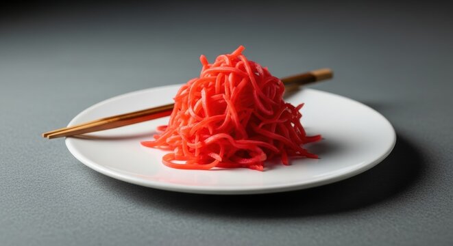 Artistic still life, finely shredded beni shoga (red pickled ginger), sharp red color contrast, minimalist composition.