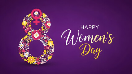Happy women's day celebration with colorful floral number 8 on purple background