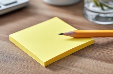 Yellow sticky note and pencil on a wooden desk