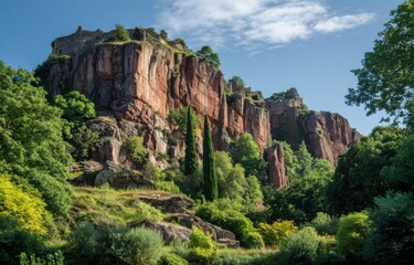 Red rock cliffs rise above a lush green landscape