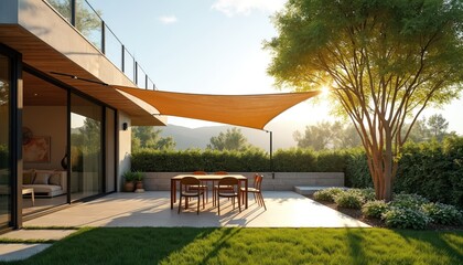 Naklejka premium Modern house patio with outdoor dining set. Shade sail offers sun protection. Green lawn and landscaped garden with trees. Clean architecture, minimalist design, relaxing outdoor space.