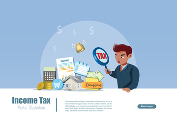 Businessman holding magnifying glass check up annual income revenue, tax filing and tax exemption elements for calculating. Vector.

