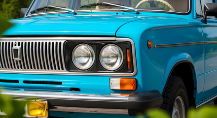 Front view of a vintage blue car highlighting the grille and headlights.