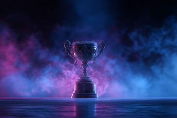 VICTORY GLORY SHINES ELITE ACHIEVEMENT AWARD. A sleek silver trophy under neon spotlights, symbolizing the pinnacle of success, competitive excellence, and the reward for relentless effort.