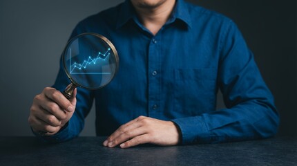 Person wearing a blue shirt holds a magnifying glass over a glowing blue line graph showing upward trending data against a dark background emphasizing analysis business chart growth