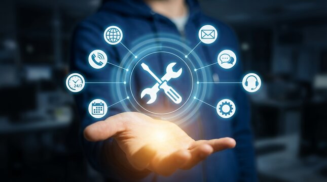 A person's hand extends outwards presenting a digital interface displaying a central wrench and screwdriver icon surrounded by service related icons including a globe phone clock calendar - Powered by Adobe
