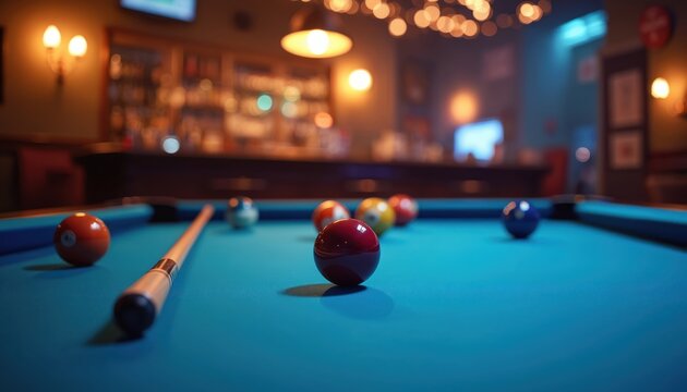 Billiard balls on a blue pool table with a cue stick. A bar setting with warm lights and bokeh in background. Friends play game indoors at night.