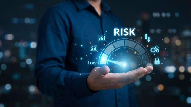 Man's hand displaying a digital gauge with 'RISK' indicator charts arrows gears and a lock icon against a blurred night cityscape graph statistics up down cogwheel security safety control - Powered by Adobe