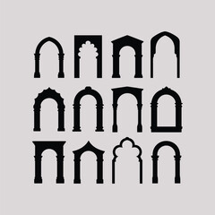 Black silhouettes of various archways and columns vector illustration isolated on light gray background.