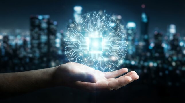 A human hand holds a glowing digital circuit globe with a central processor against a blurred cityscape at night symbolizing future technology artificial intelligence innovation chip - Powered by Adobe