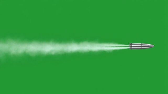 Bullet in Motion with Smoke Trail on Green Screen Background.