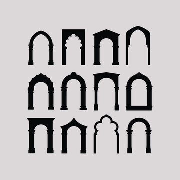 Black silhouettes of various archways and columns vector illustration isolated on light gray background.