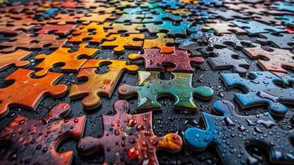 A partially completed colorful jigsaw puzzle with water droplets on a dark surface close-up