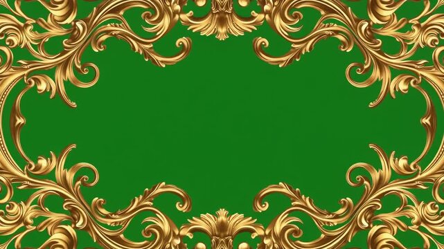 Ornate Golden Baroque Frame on Green Screen Background.