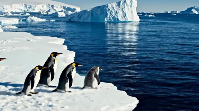 Penguin family waddling towards the ocean on icy shore